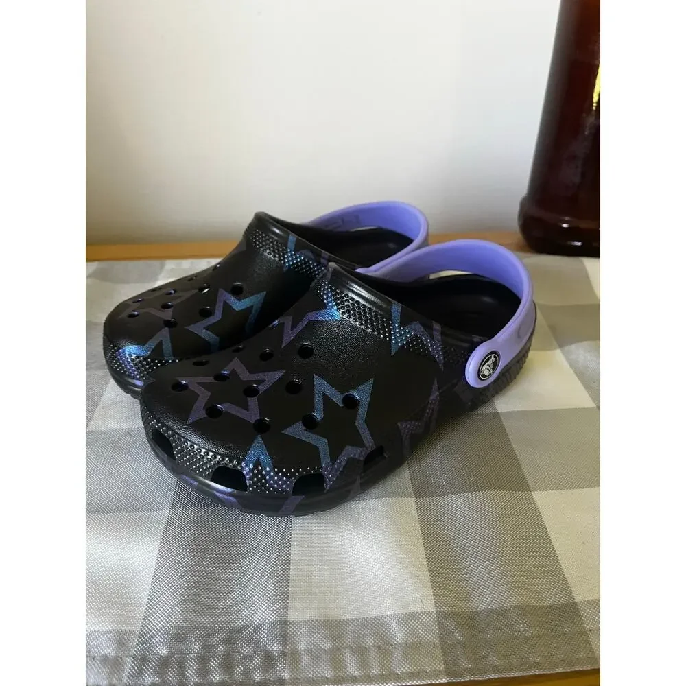 Crocs Classic Disco Dance Party Clogs Big Kid Size 2 Black Purple Stars NEW